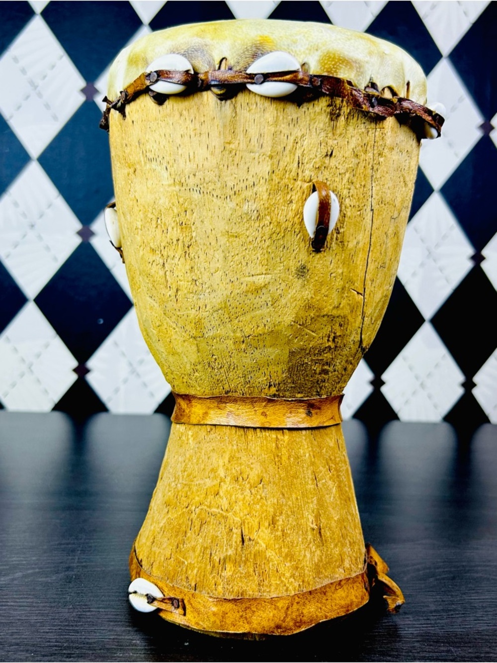 Handcrafted Wood Djembe Drum Cowrie Shell‎ and Cow Hide Bohemian Music Decor